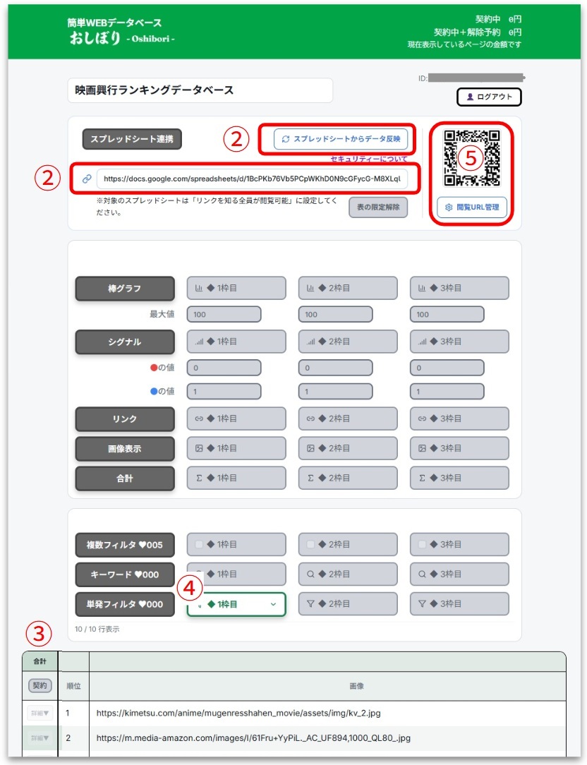 管理者モードでログインし、スプレッドシートURL、データ反映、単発フィルタ、閲覧URL管理を設定する画面